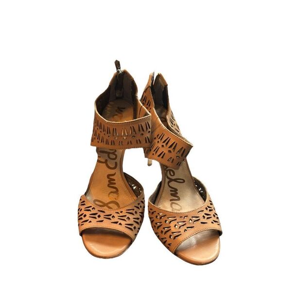 Sam Edelman Alva Tan Leather Peep-Toe Heeled Sandals Size 7.5 Zipper Closure Cut - Picture 4 of 13